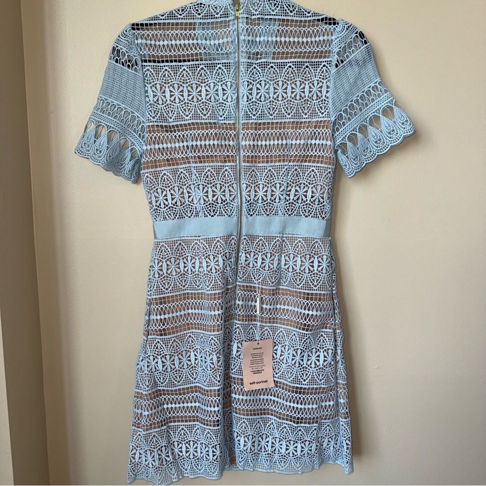 Self-Portrait Blue Spiral Panel Lace Mini Dress Guipure Size 4 - Picture 6 of 16